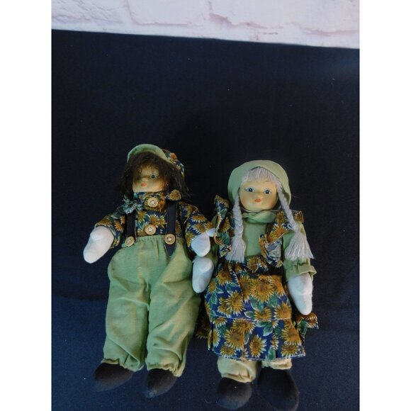 Vintage Boy & Girl Porcelain Cloth Dolls Sunflower Outfits Farmhouse Decor - Picture 7 of 9